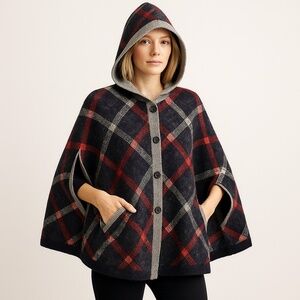 TOMMY HILFIGER Wool Blend Plaid Hooded Poncho Coat Cape XL